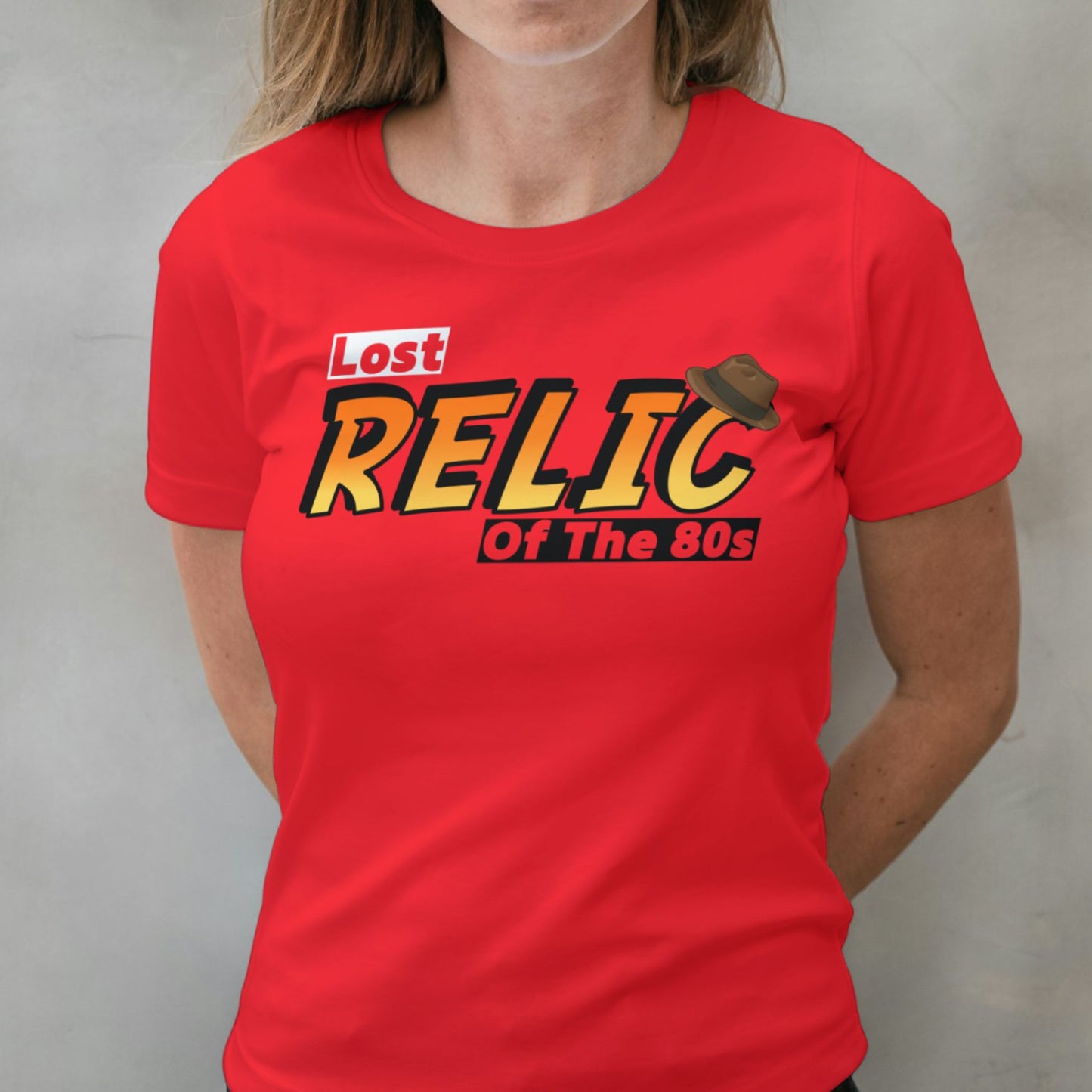 woman wearing lost relic of the 80s graphic tee in red