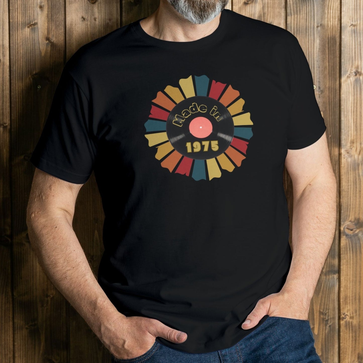 man wearing made in 1975 t shirt