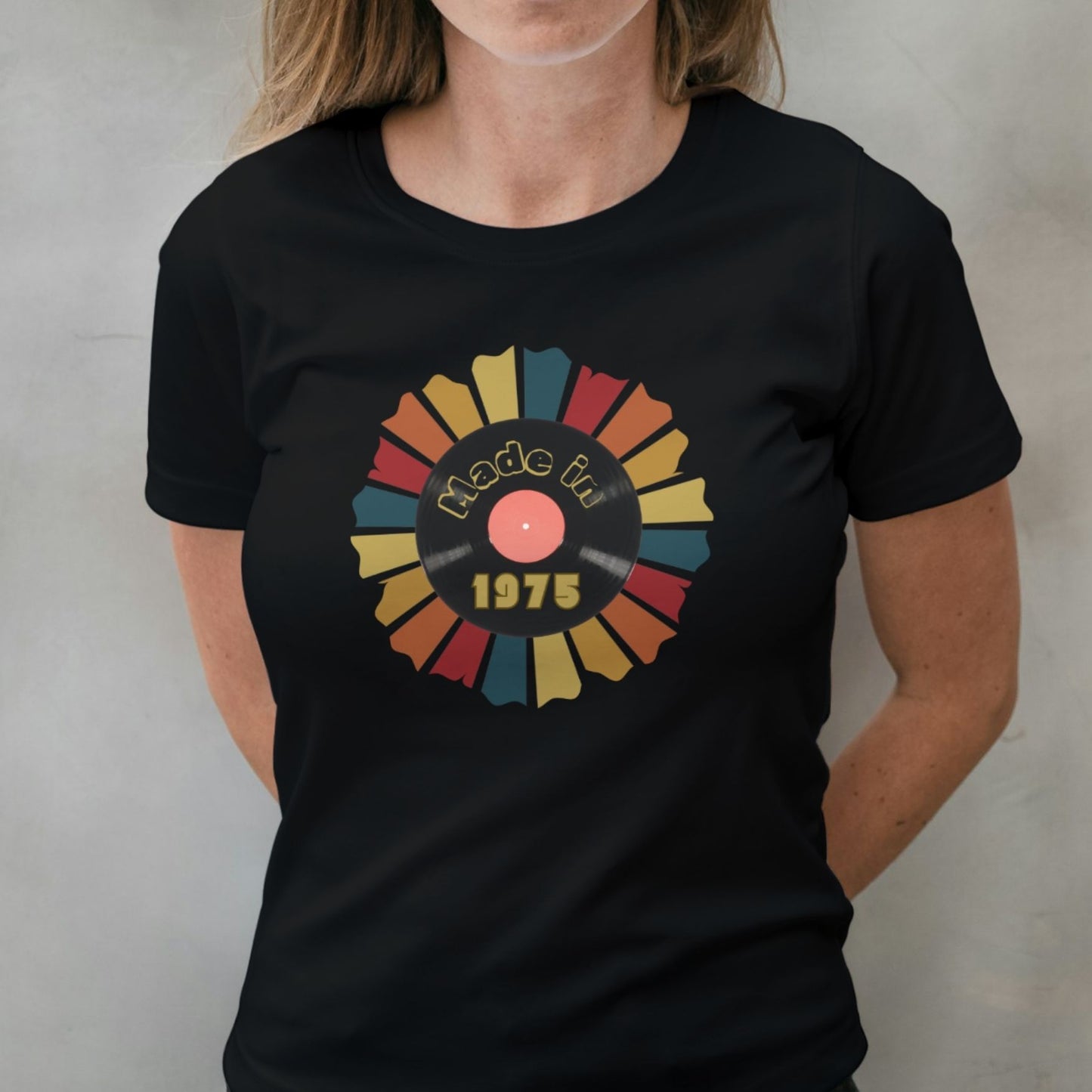 woman wearing made in 1975 t shirt