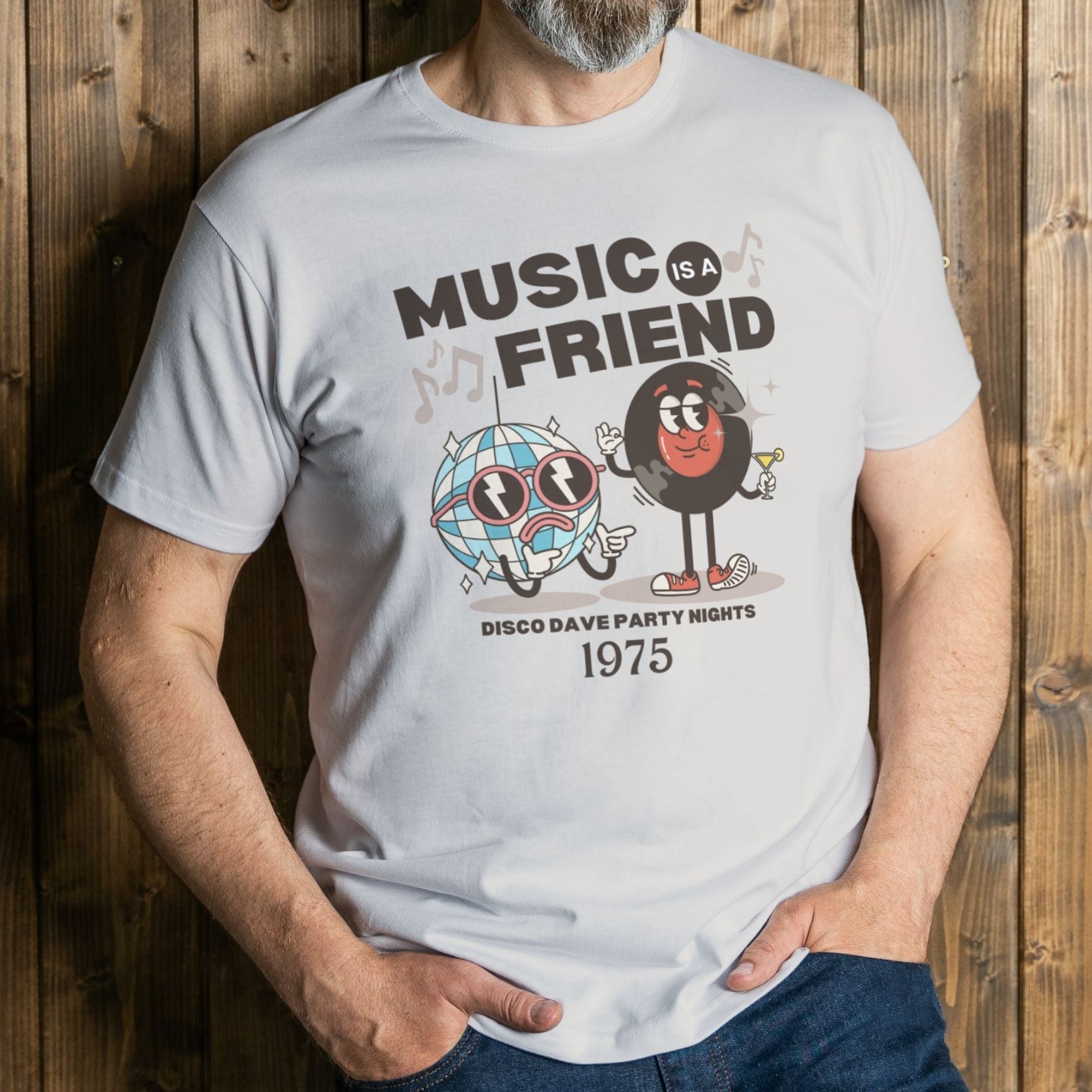 mean wearing disco daves graphic tee