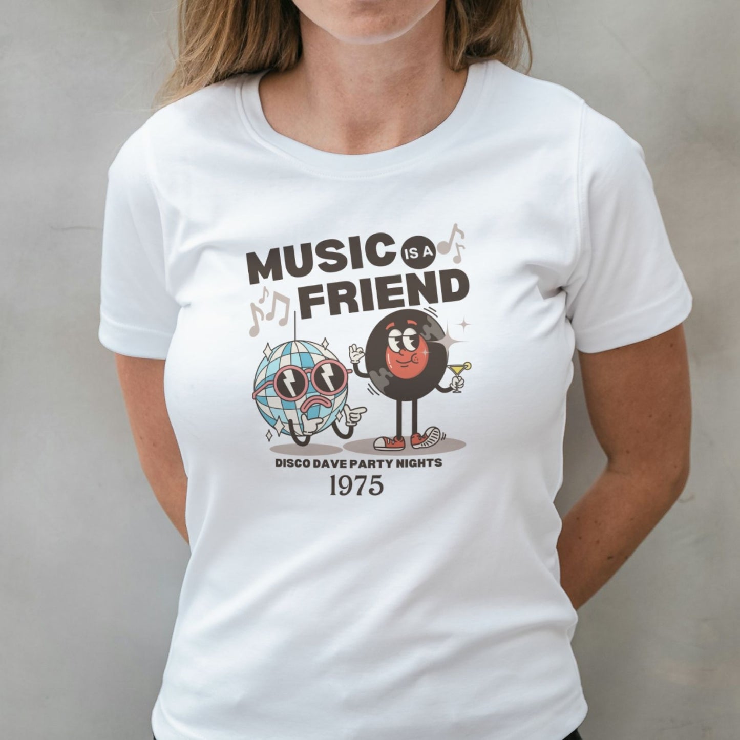woman wearing disco daves graphic tee