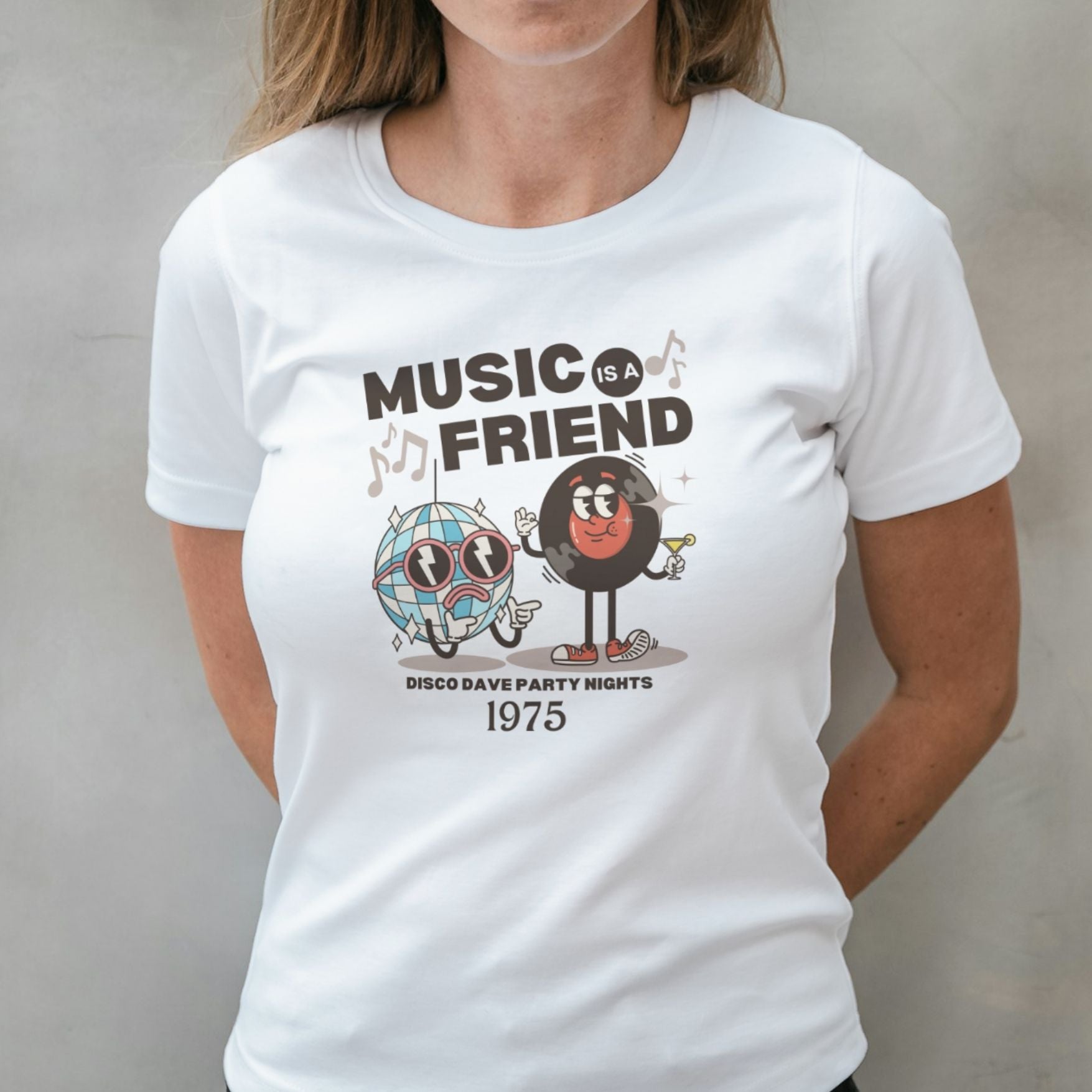 woman wearing disco daves graphic tee