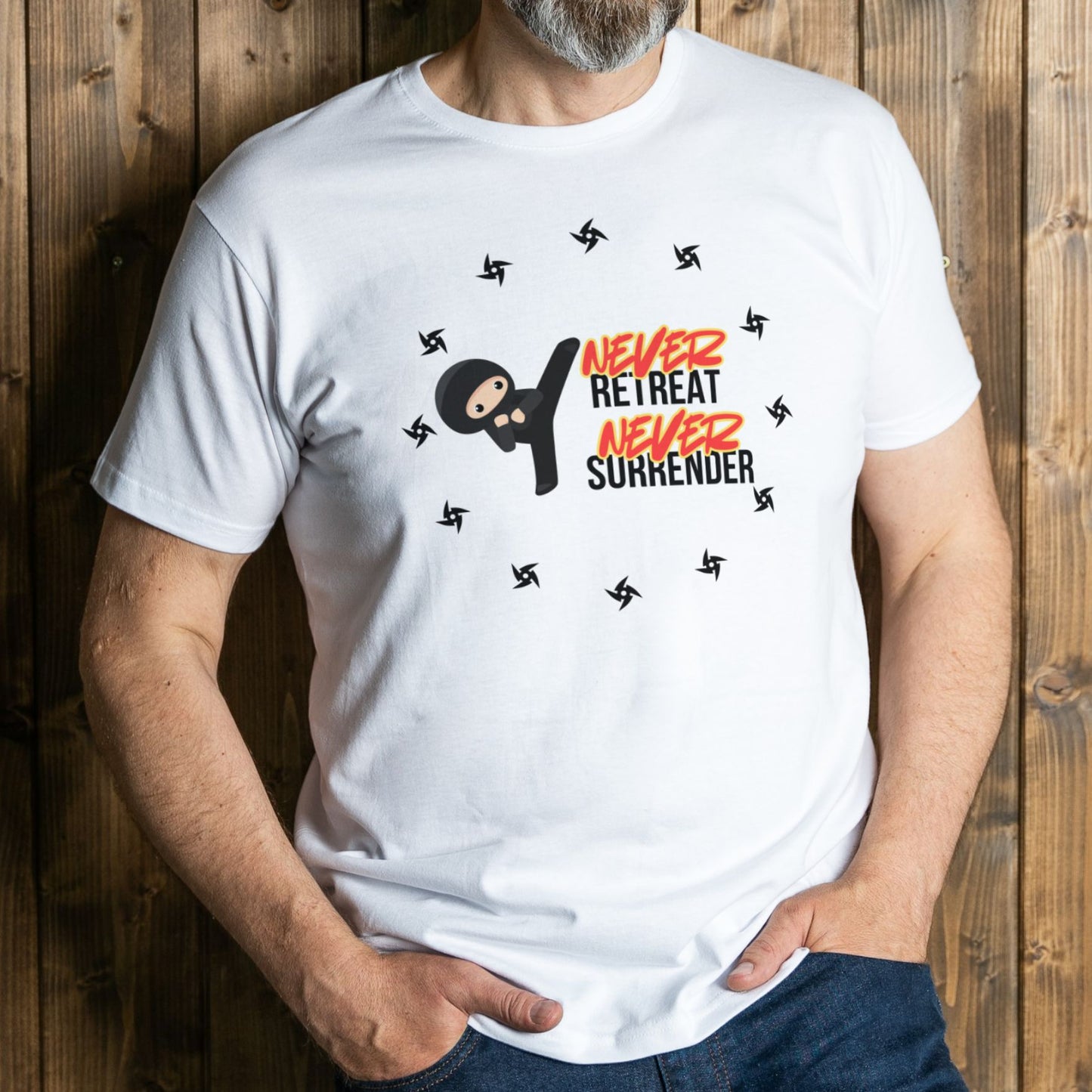 man wearing never retreat never surrender graphic tee