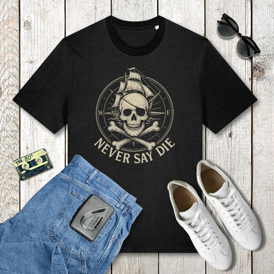 Black t-shirt with skull and crossbones design, sunglasses, jeans, and sneakers on a wooden surface