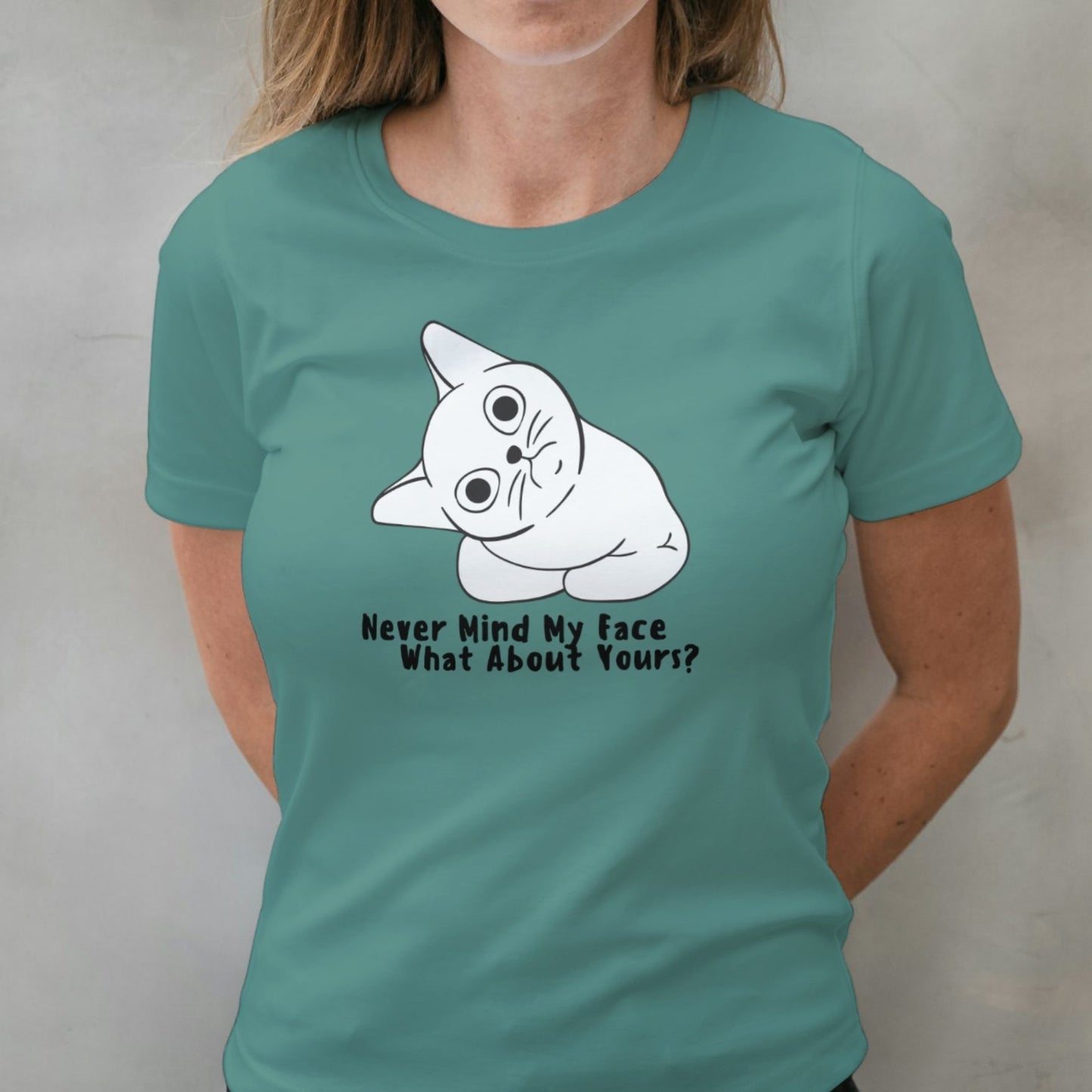 woman wearing never mind my face graphic tee