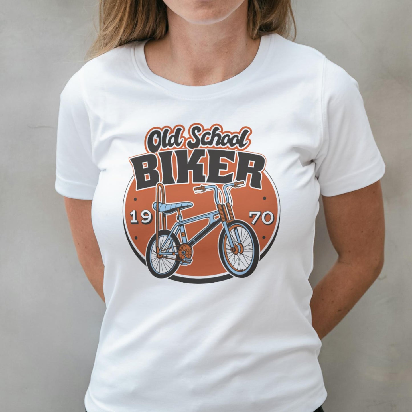 woman wearing old school biker t shirt
