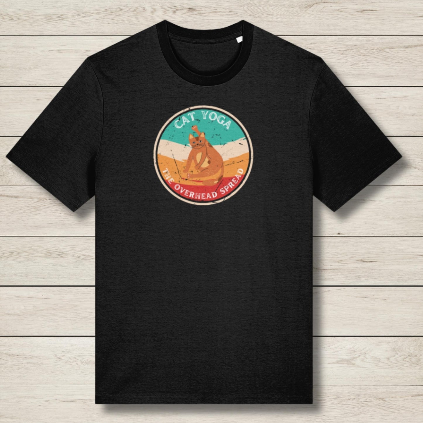 cat yoga overhead spread premium graphic tee