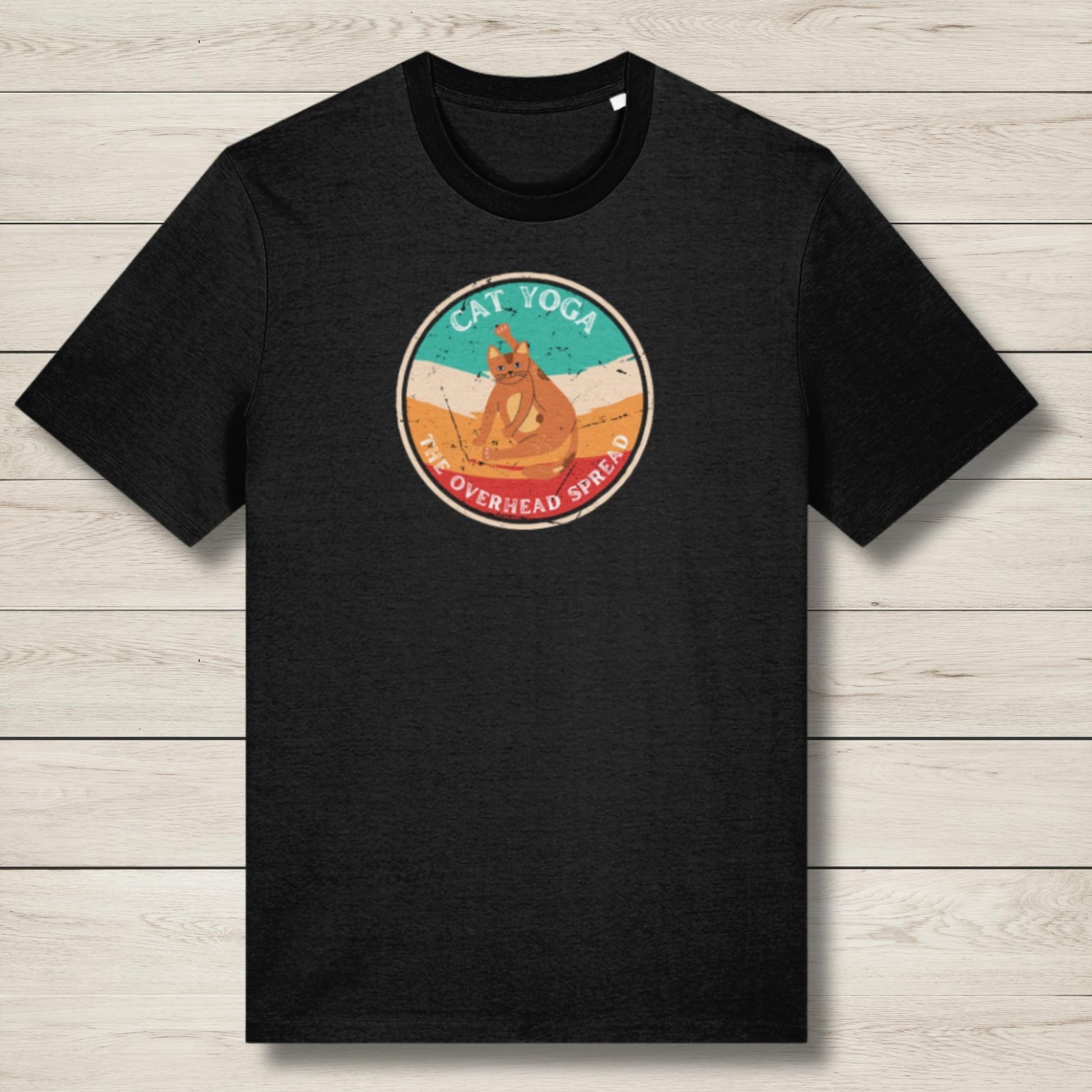 cat yoga overhead spread premium graphic tee