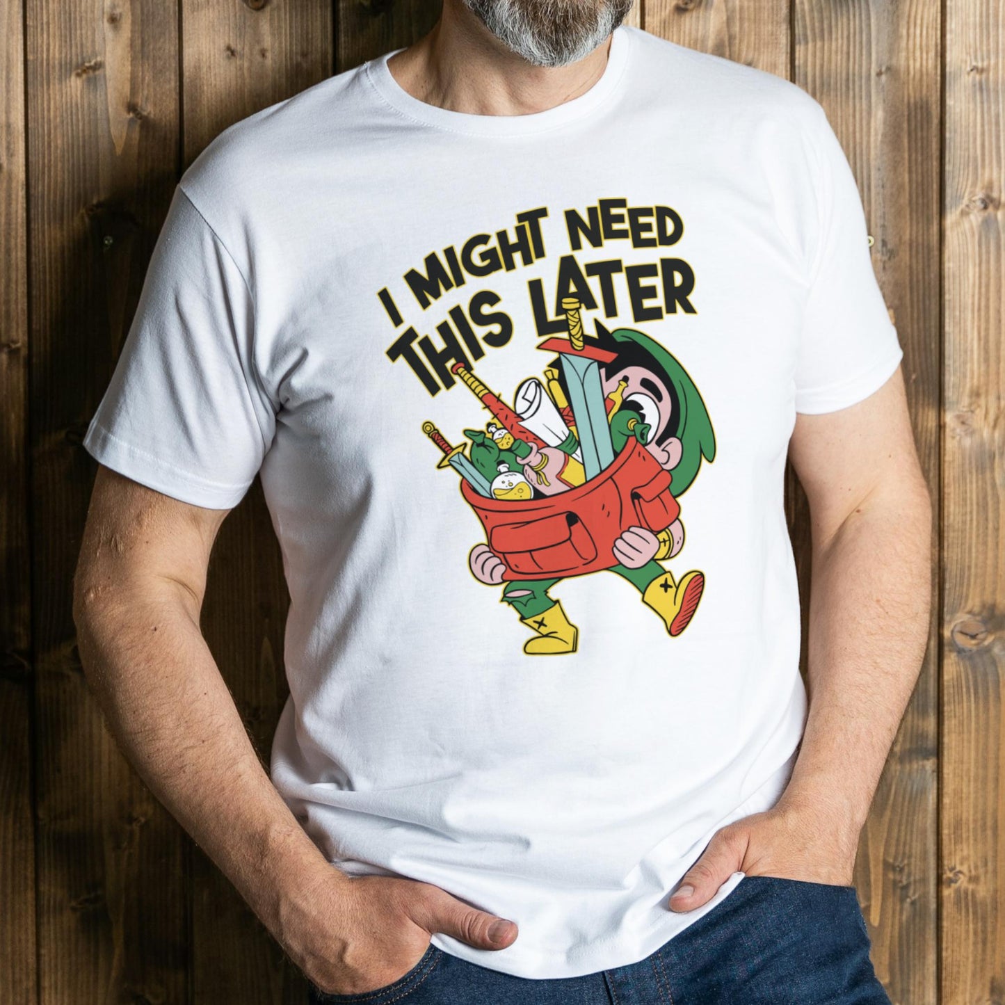 man wearing over encumbered graphic tee