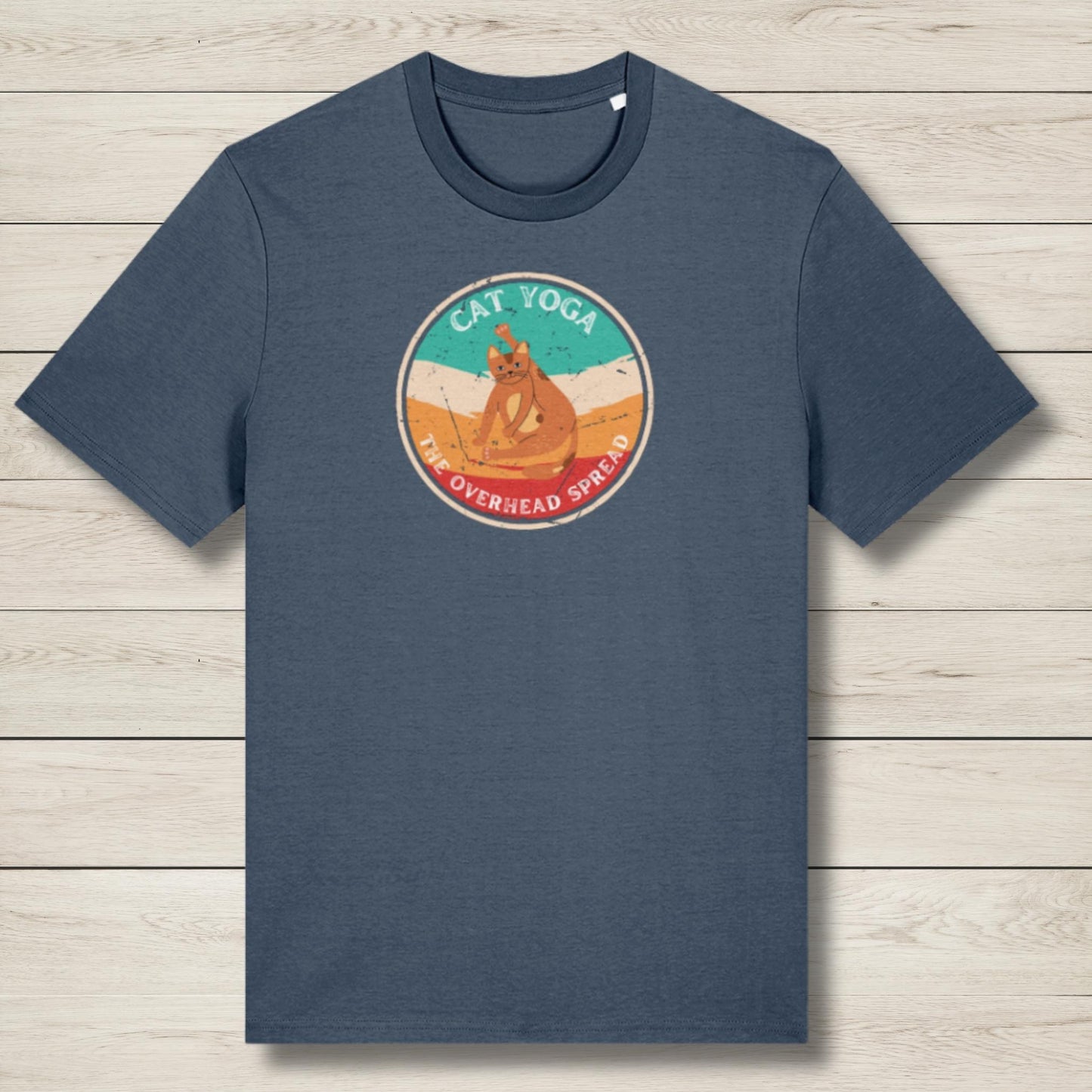 cat yoga overhead spread blue premium graphic tee