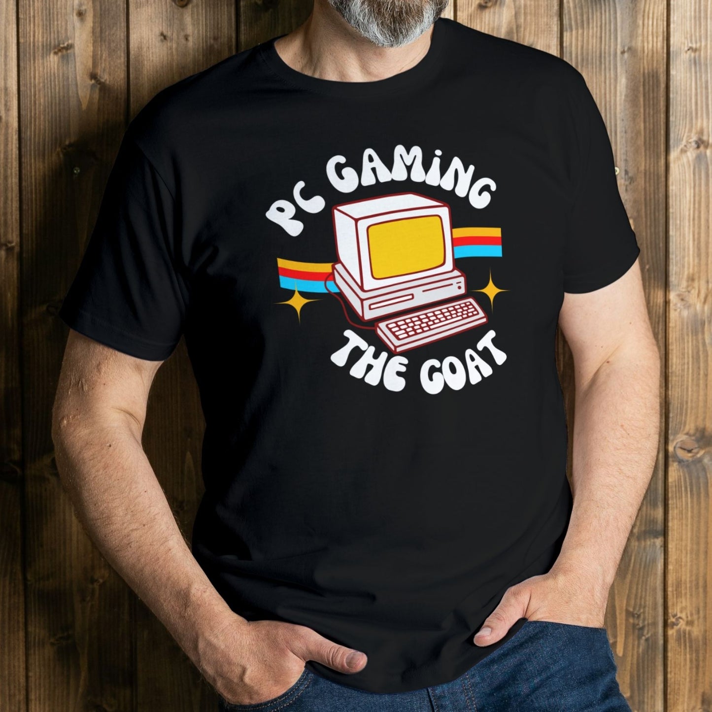 man wearing pc gaming graphic tee