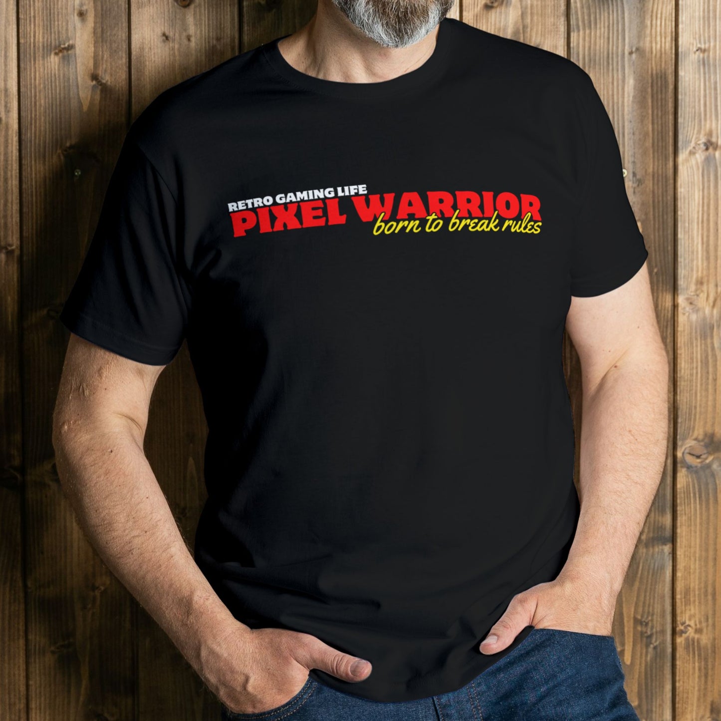 man wearing pixel warrior graphic tee