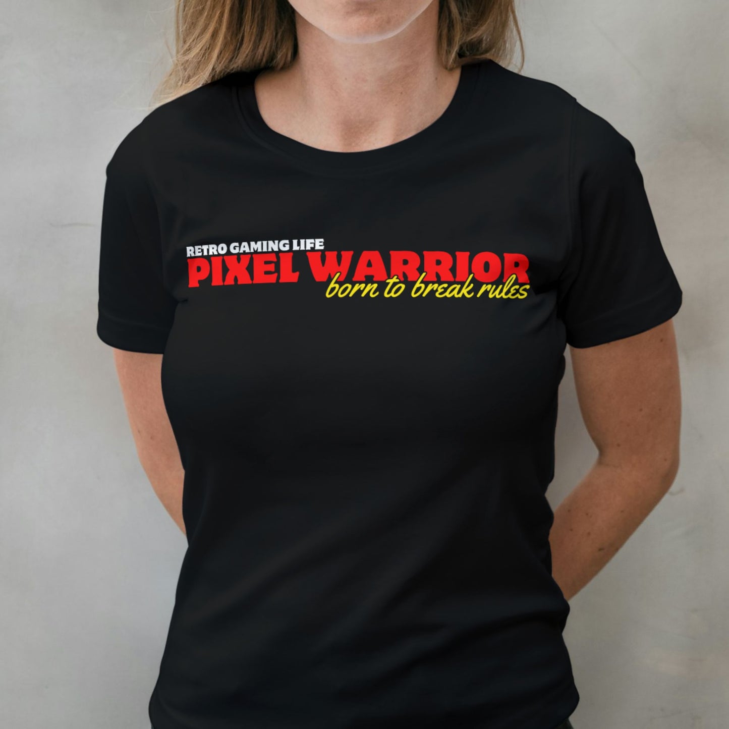 woman wearing pixel warrior graphic tee