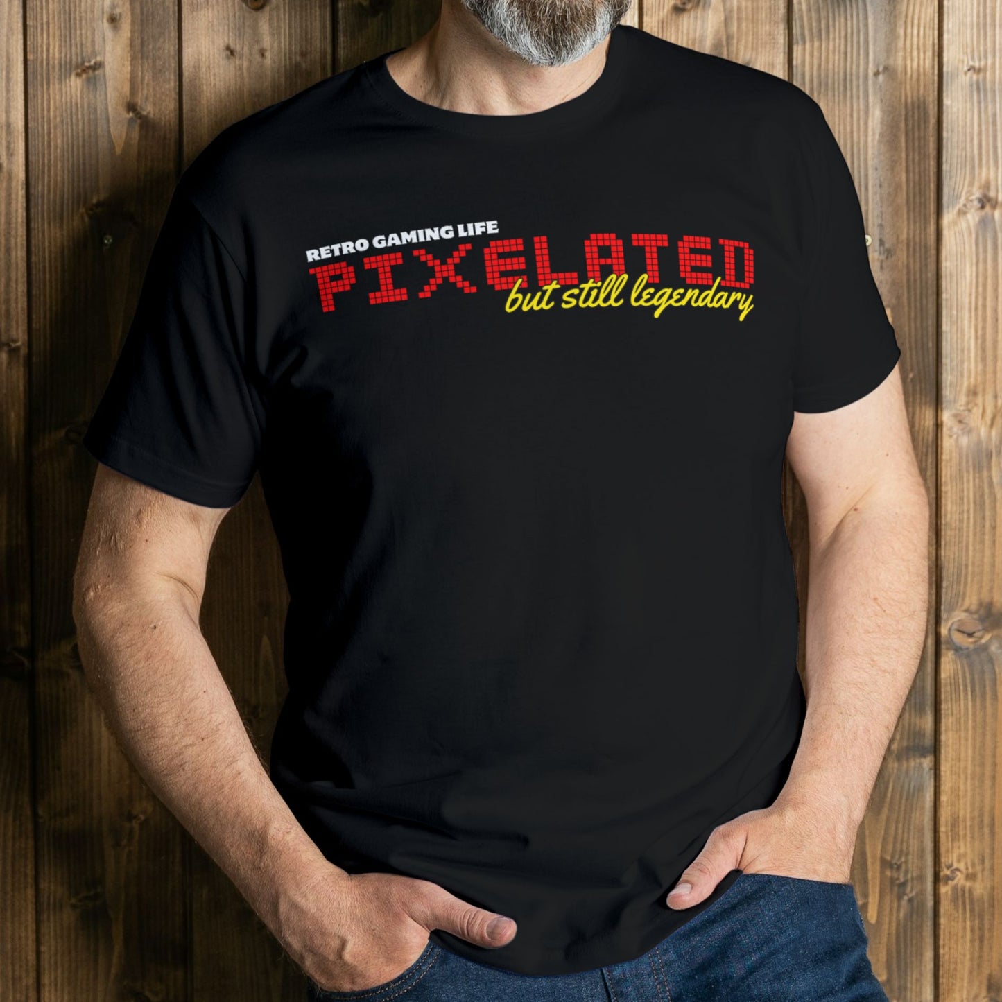 man wearing pixelated but legendary t shirt