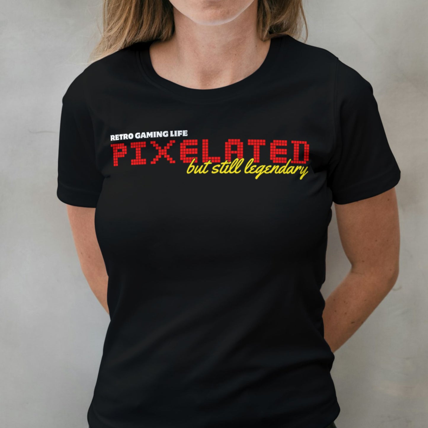 woman wearing pixelated but legendary t shirt