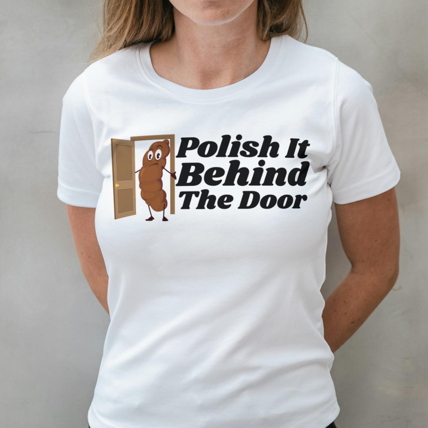 Person wearing a white t-shirt with a humorous graphic and text.
