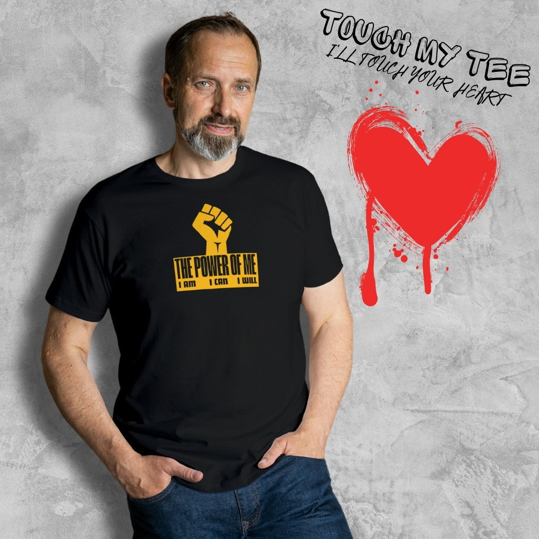 man wearing power of me fist t shirt