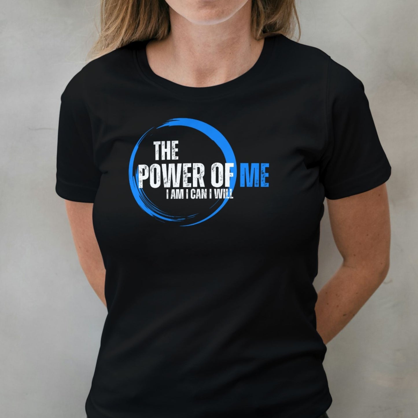 woman wearing power of me circle graphic tee