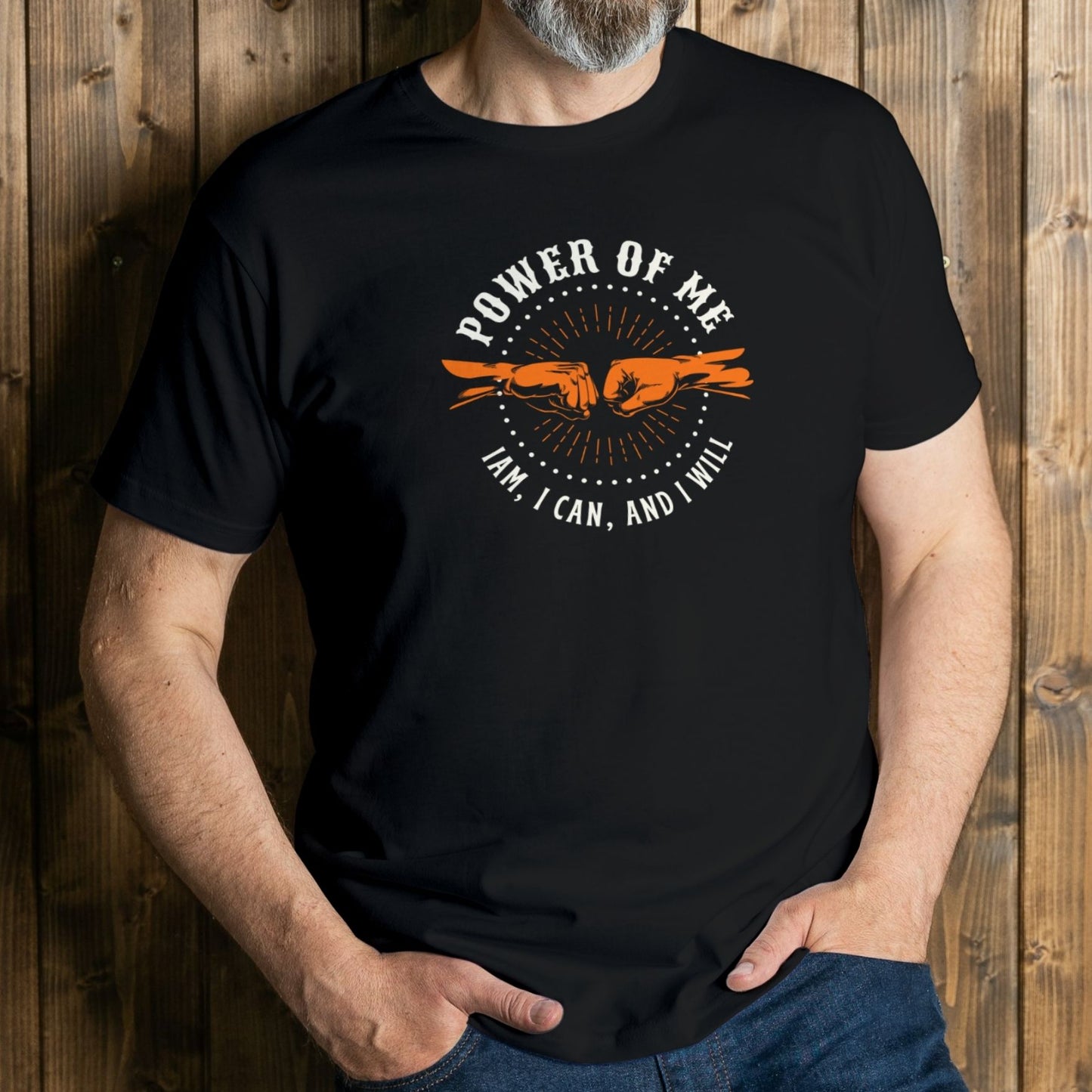 man wearing fist bum pow graphic tee