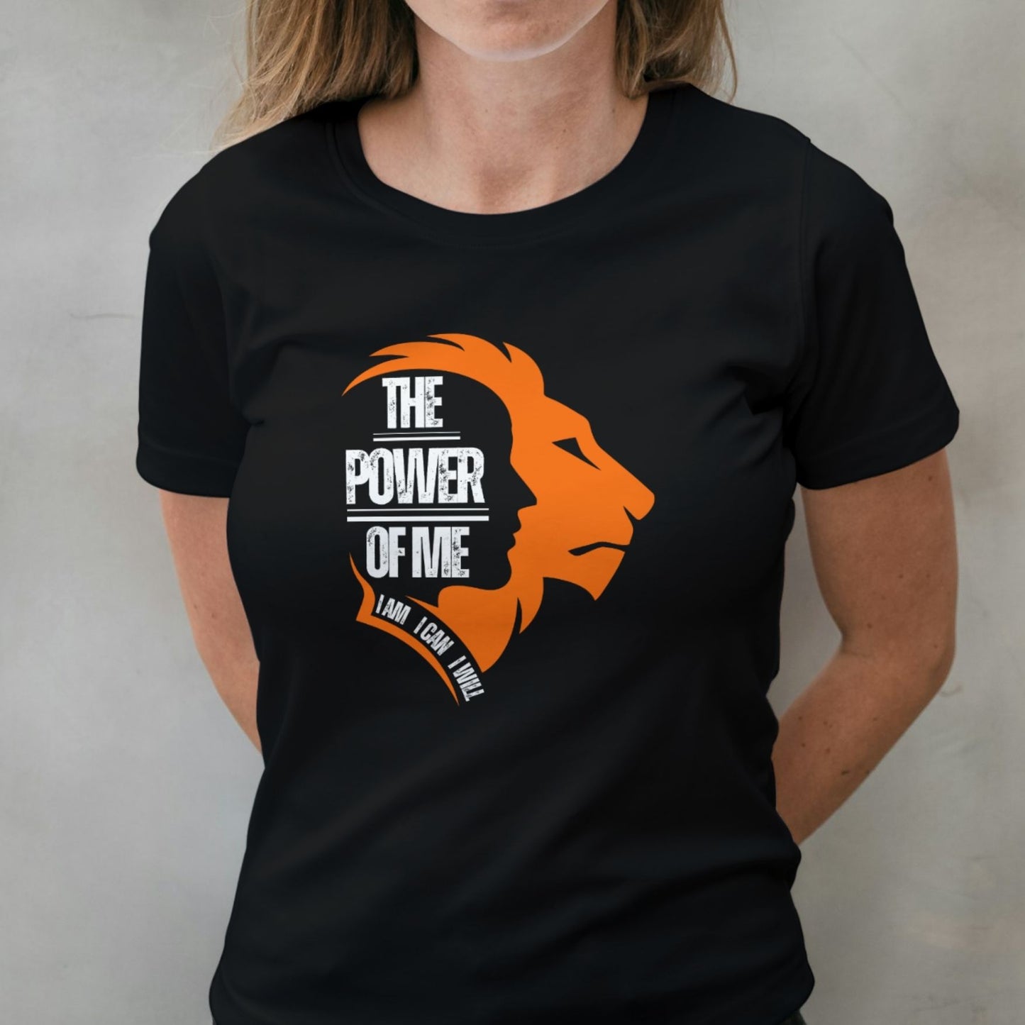 woman wearing power of me tee