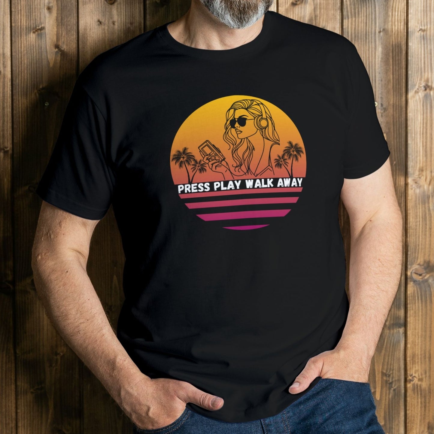 man wearing press play walk away t shirt