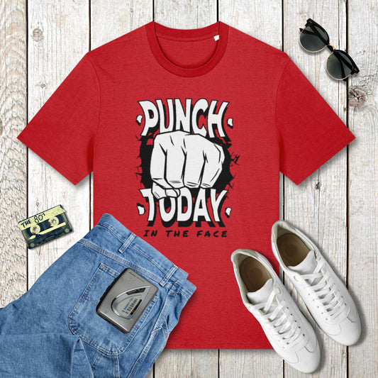 red t shirt with punch today in the face graphic