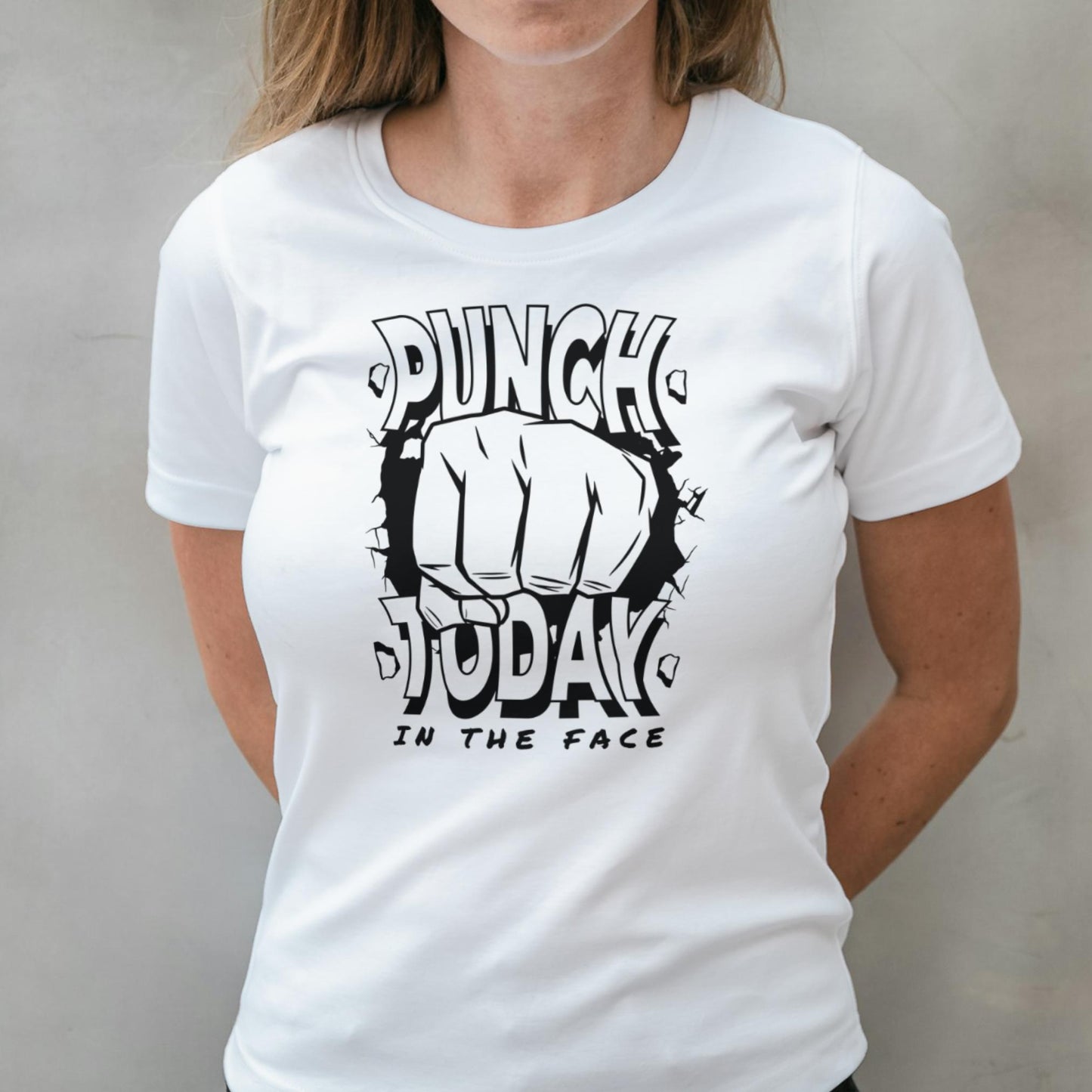 woman wearing punch today t shirt