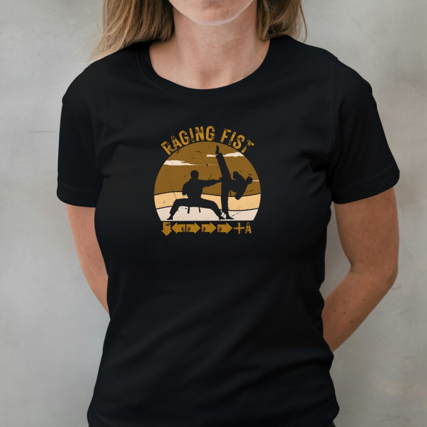woman wearing raging fist graphic tee