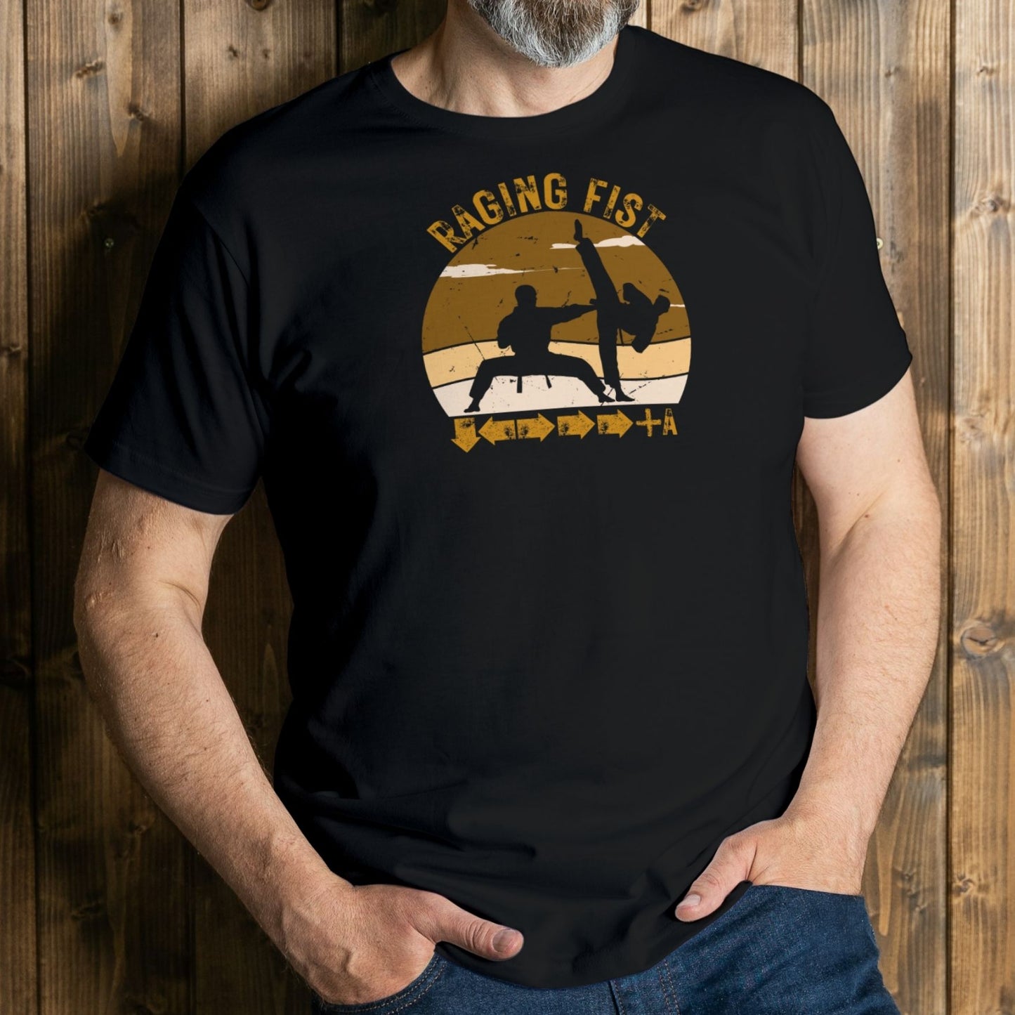 man wearing raging fist graphic tee