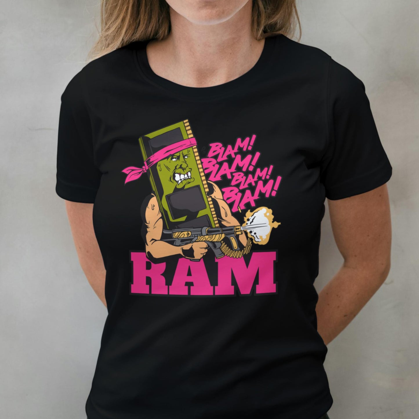 woman wearing ram man t shirt