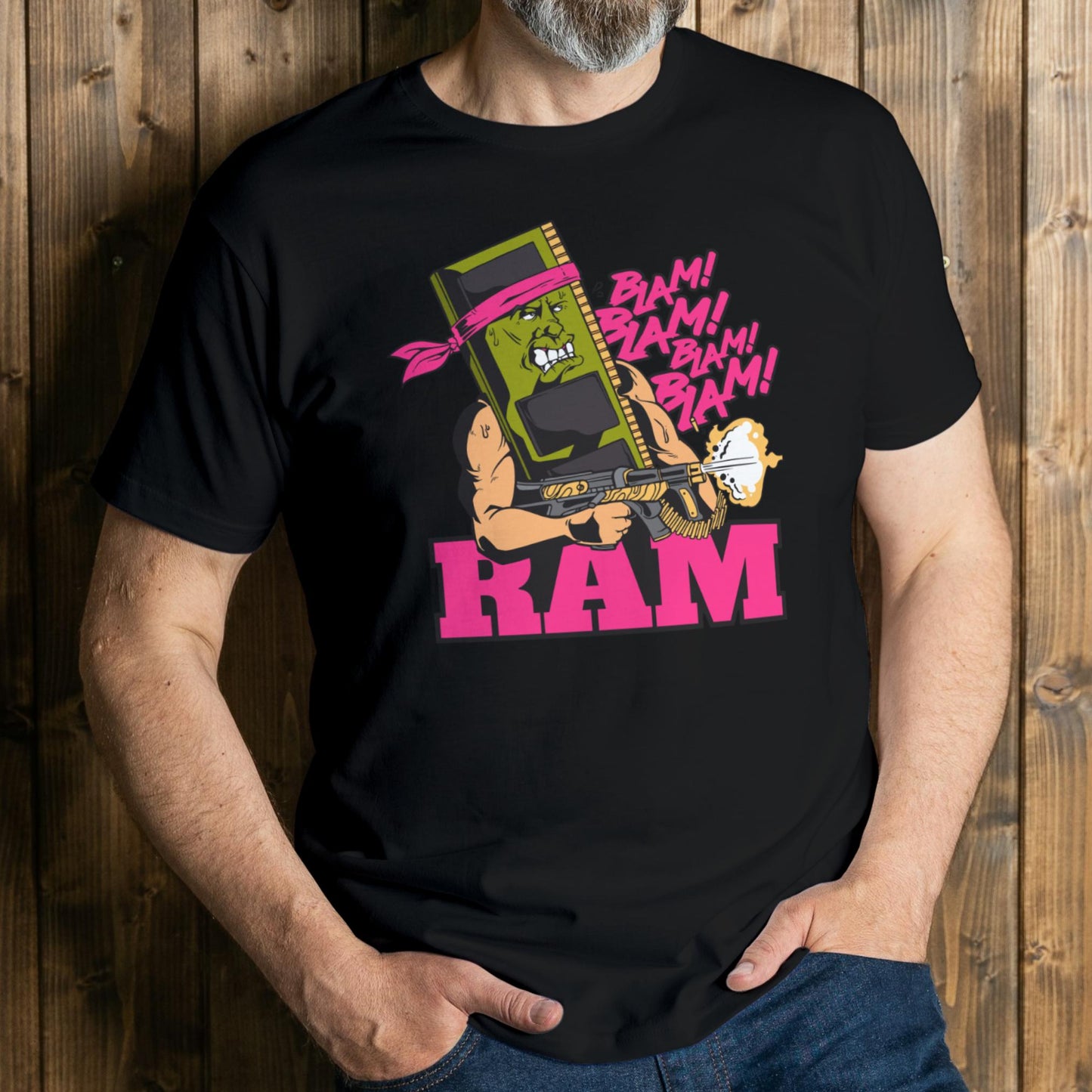 man wearing ram man t shirt
