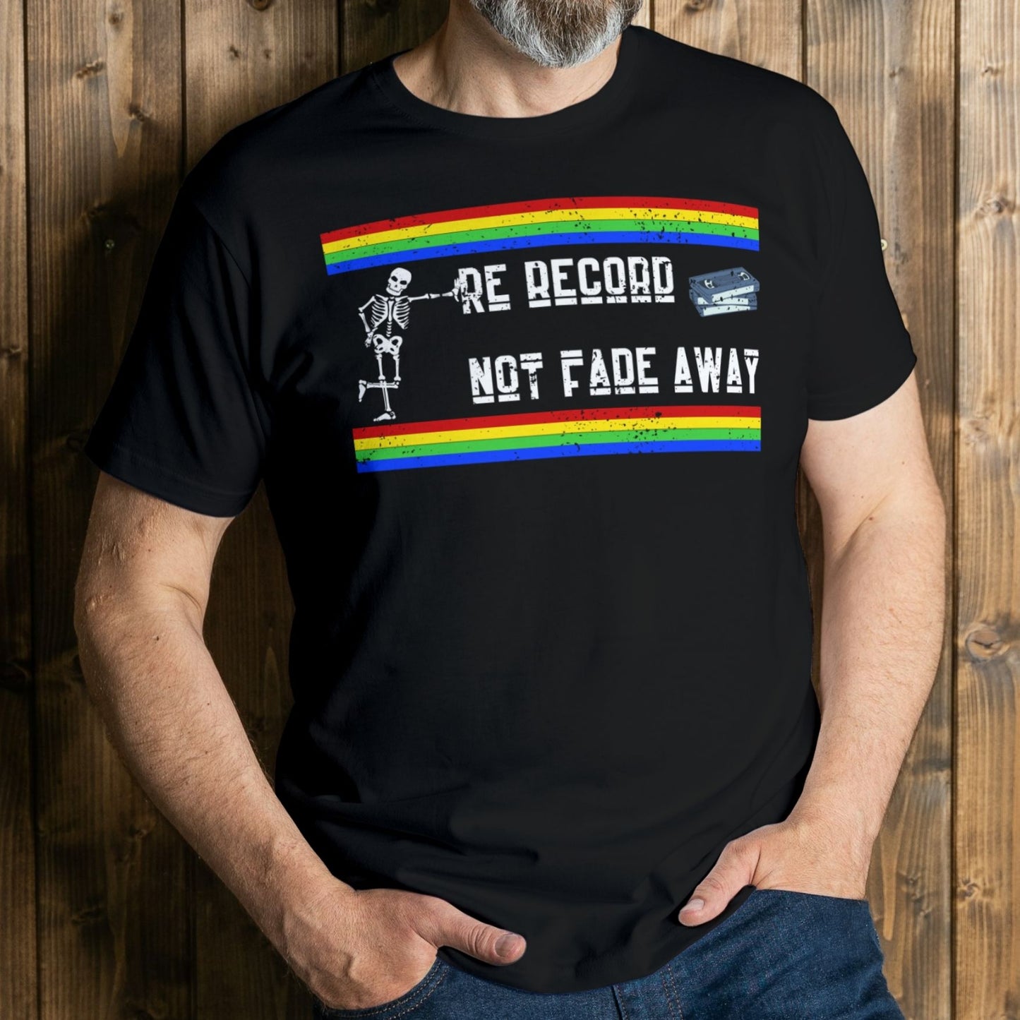 man wearing re record not fade away premium graphic tee