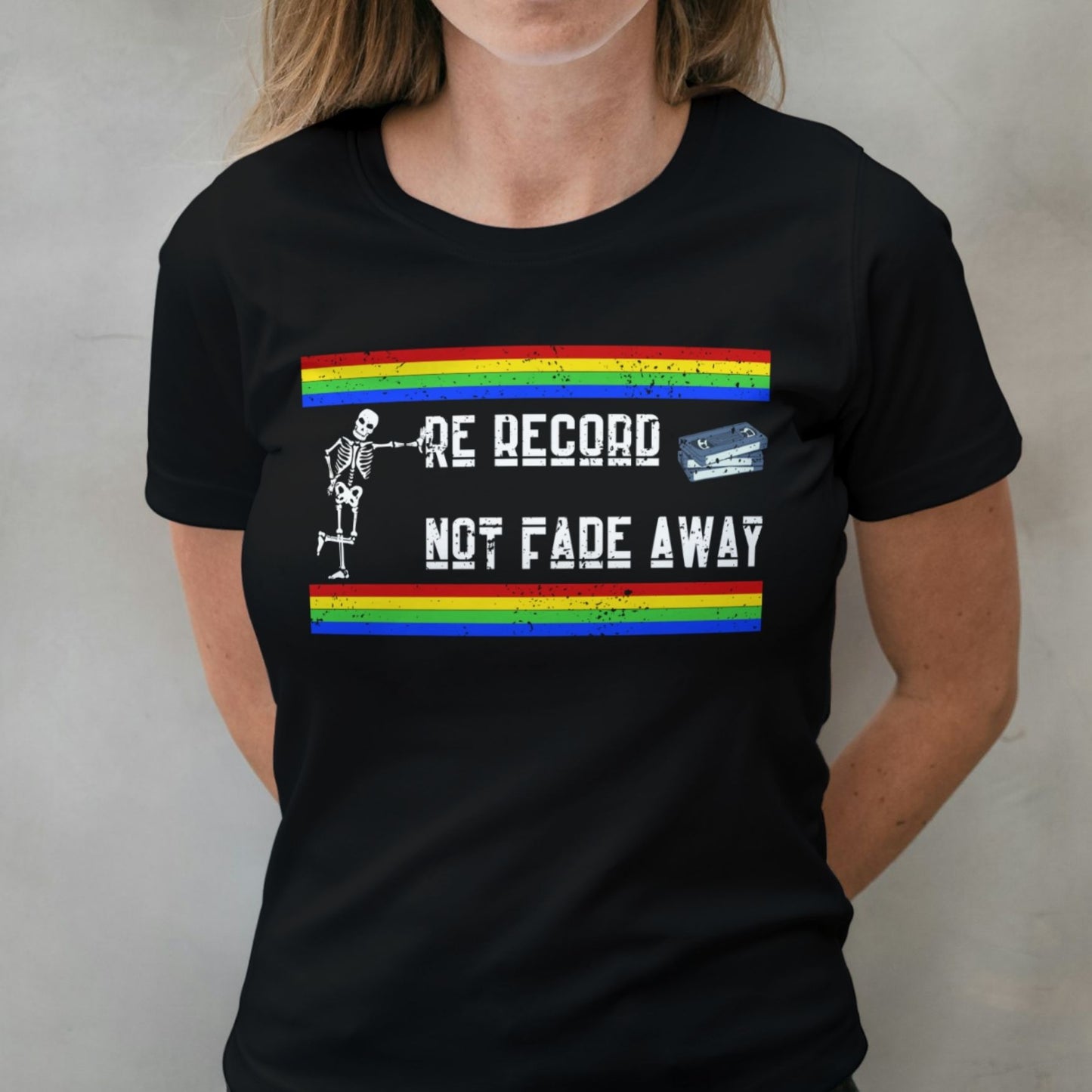 woman wearing re record not fade away premium graphic tee