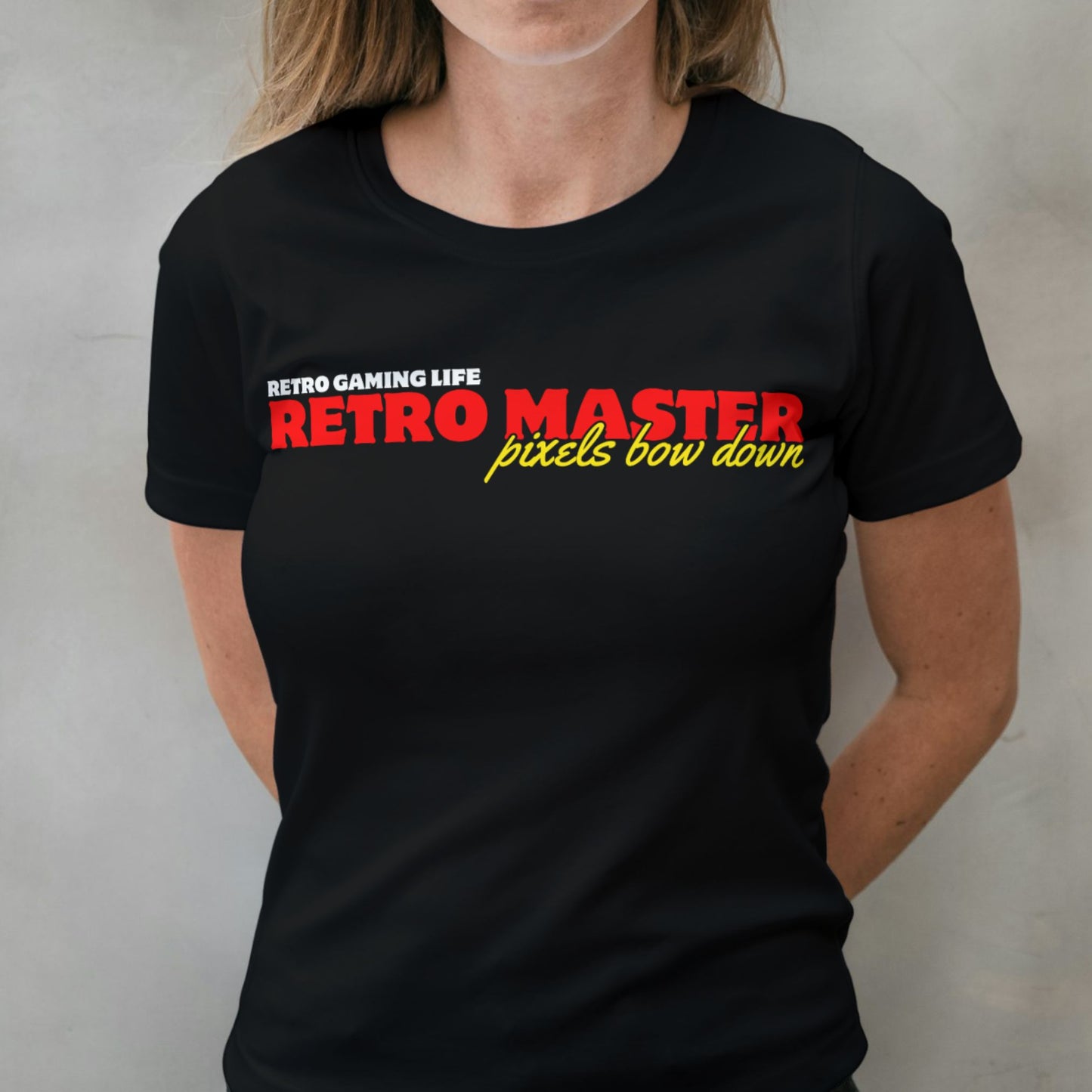 woman wearing retro master graphic tee