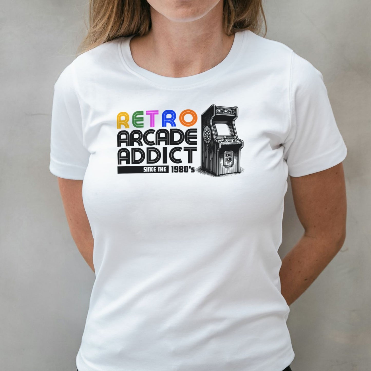 woman wearing retro arcade graphic tee