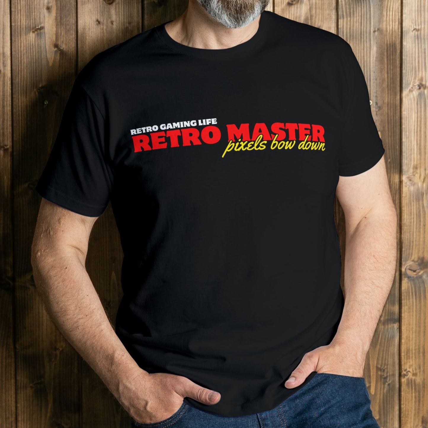 man wearing retro master graphic tee