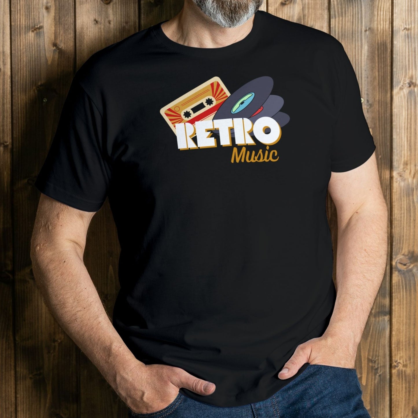 man wearing retro music graphic tee