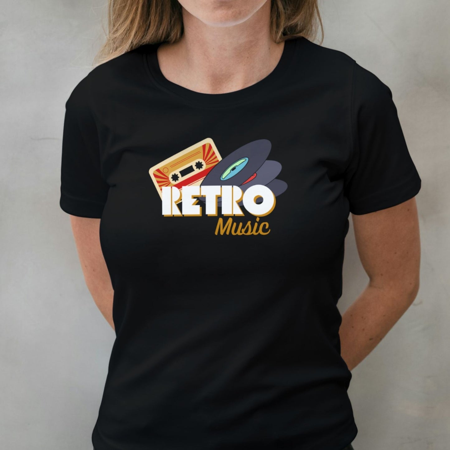 woman wearing retro music graphic tee