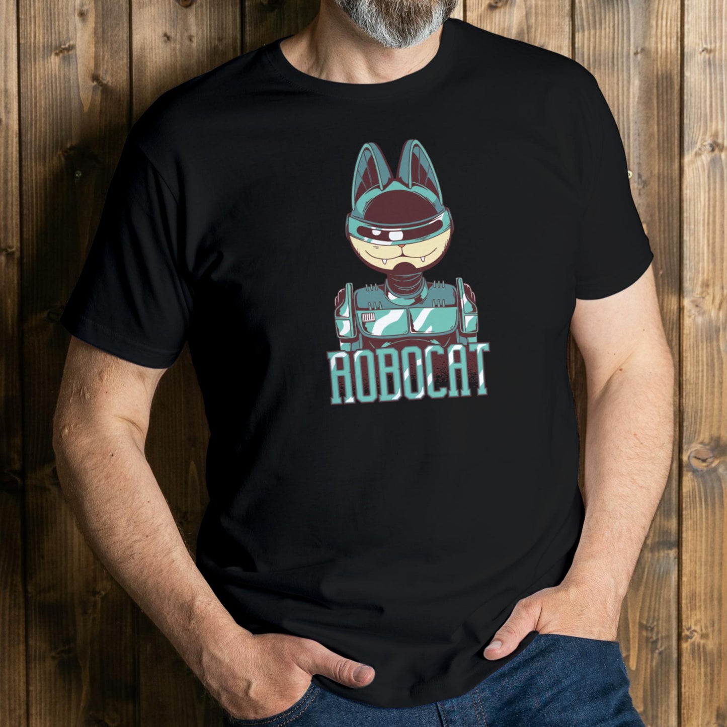 man wearing robocat graphic tee