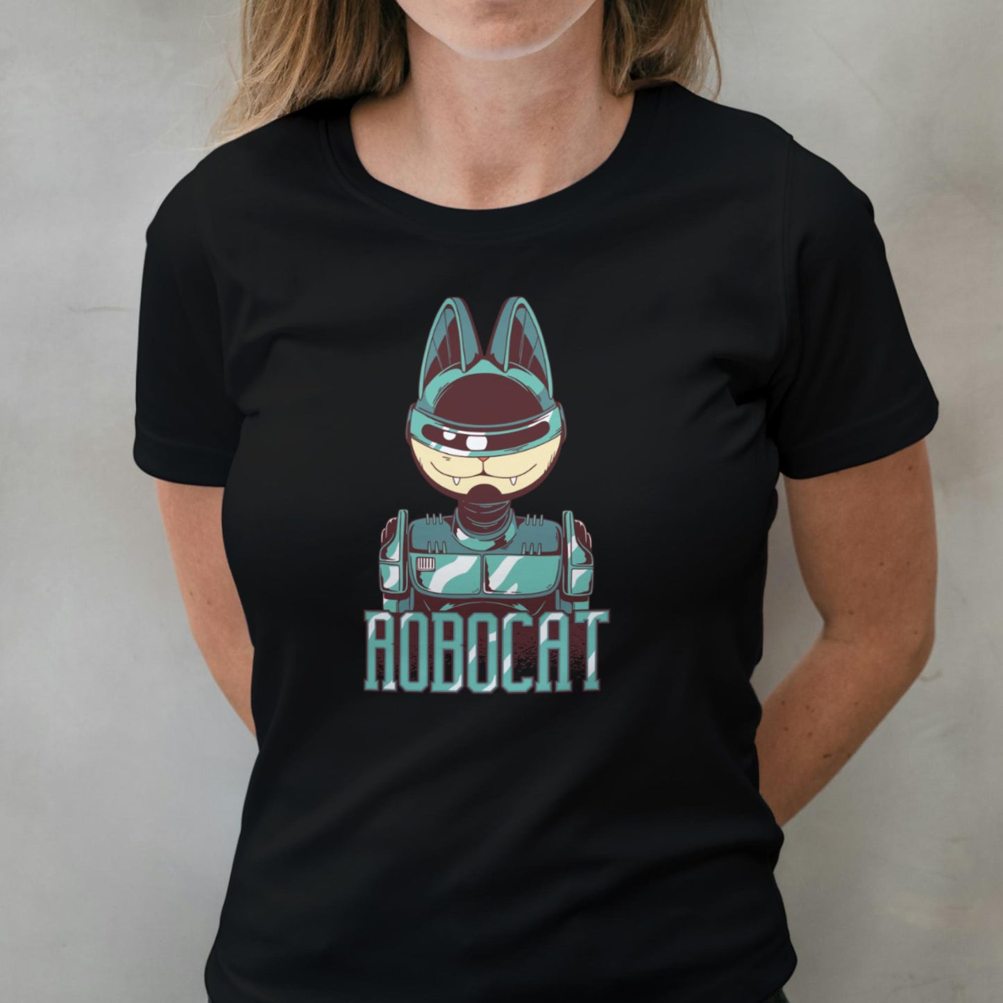 woman wearing robocat graphic tee