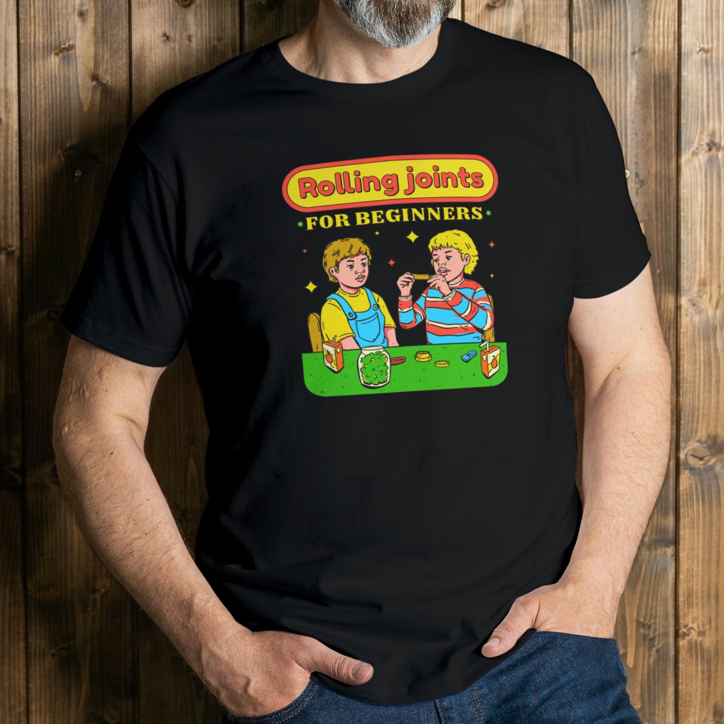 man wearing rolling joints graphic tee