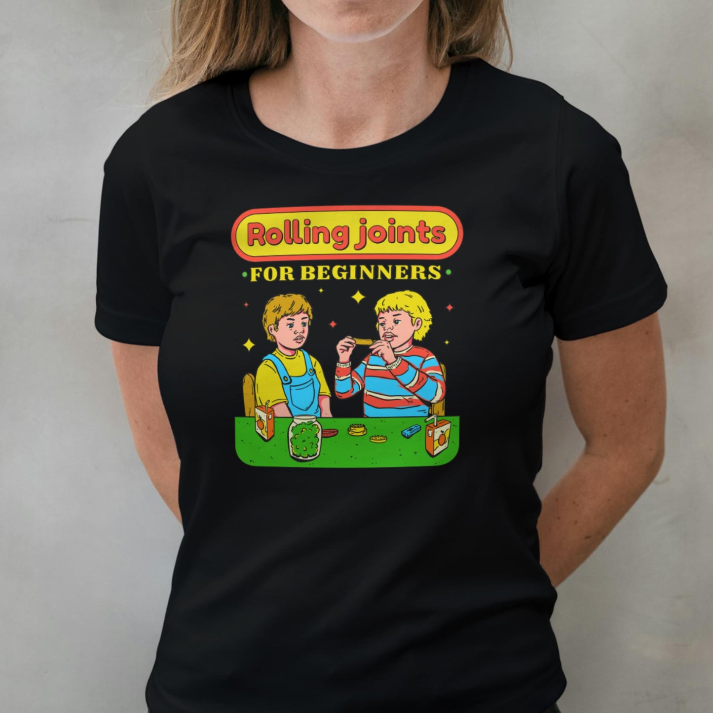 woman wearing rolling joints graphic tee