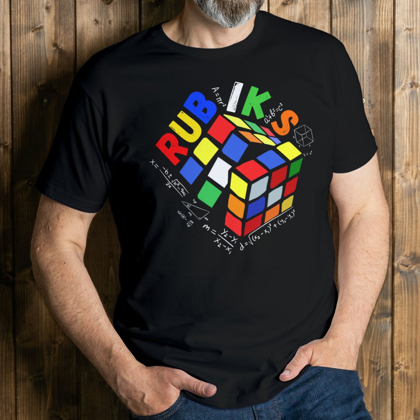 man wearing rubiks cube t shirt