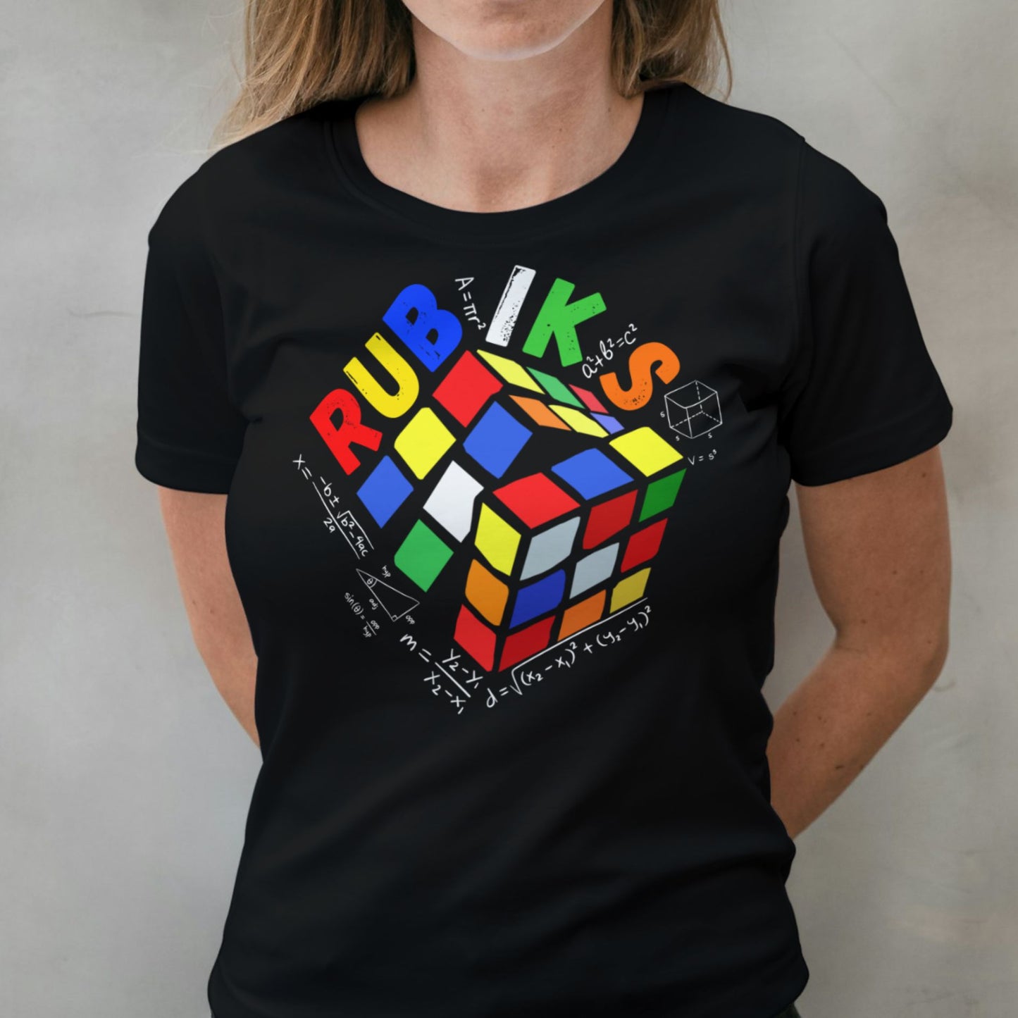 woman wearing rubiks cube t shirt