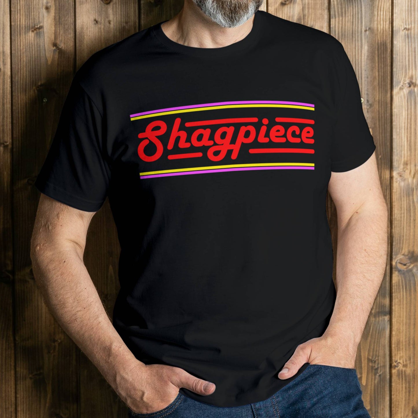 man wearing shagpiece graphic tee
