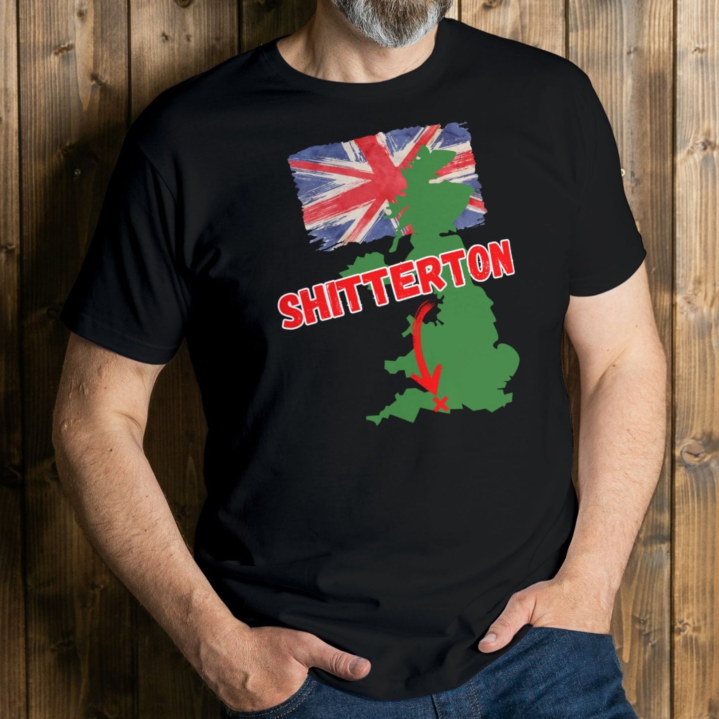 man wearing shitterton graphic tee