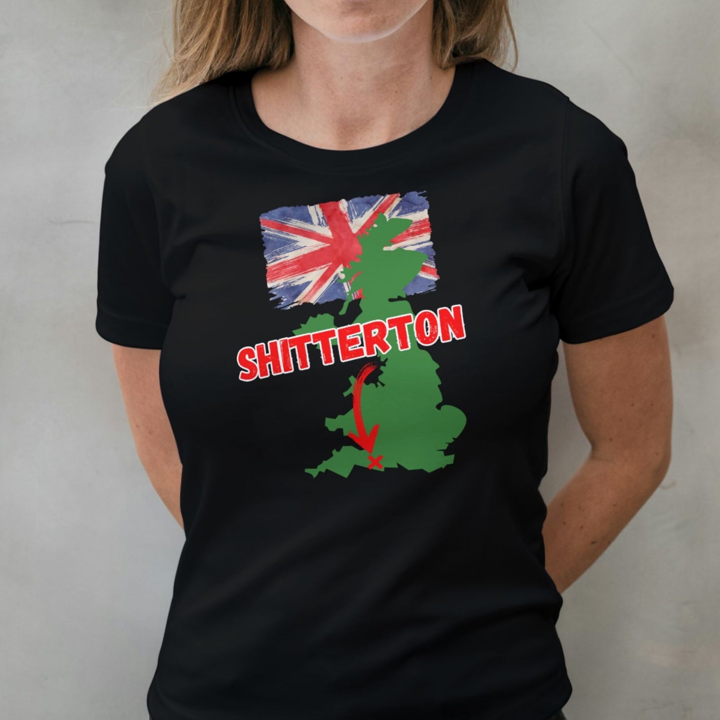 woman wearing shitterton graphic tee