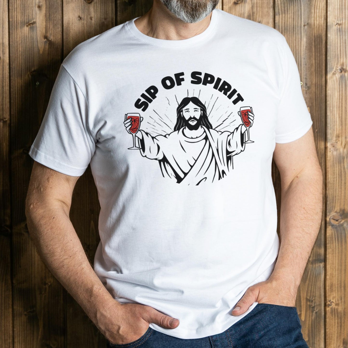 man wearing jesus drink t shirt