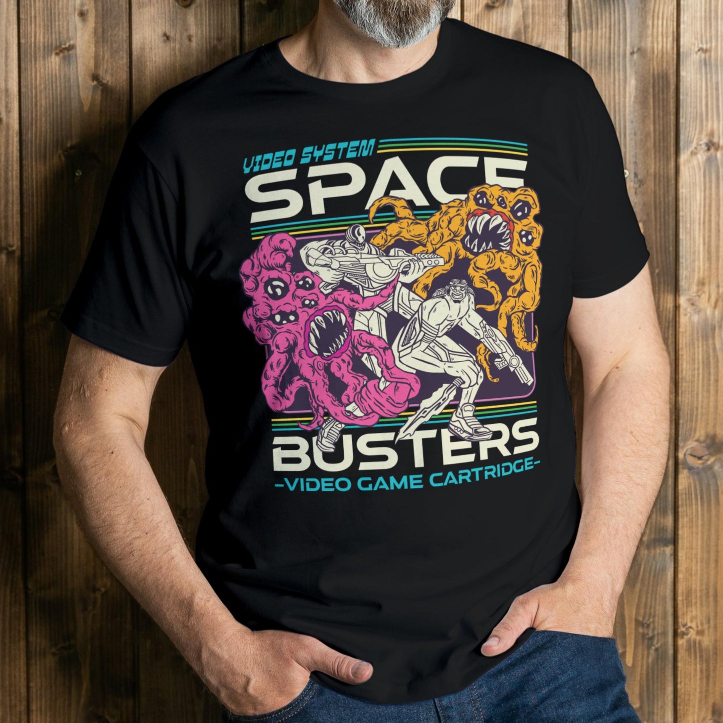 man wearing retro computer game graphic tee
