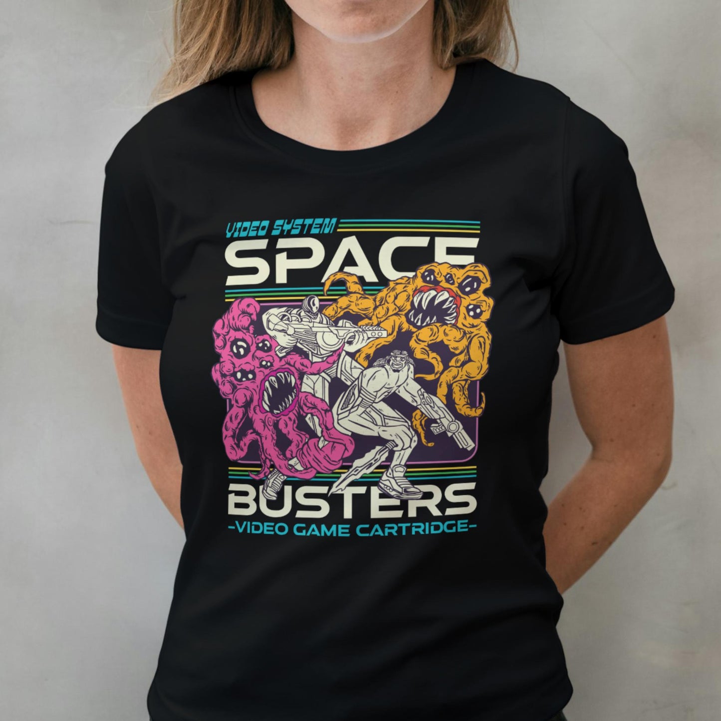 woman wearing retro computer game graphic tee